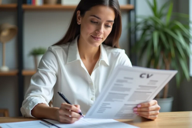 Femme professionnelle révisant son CV avec des compétences informatiques à son bureau à domicile