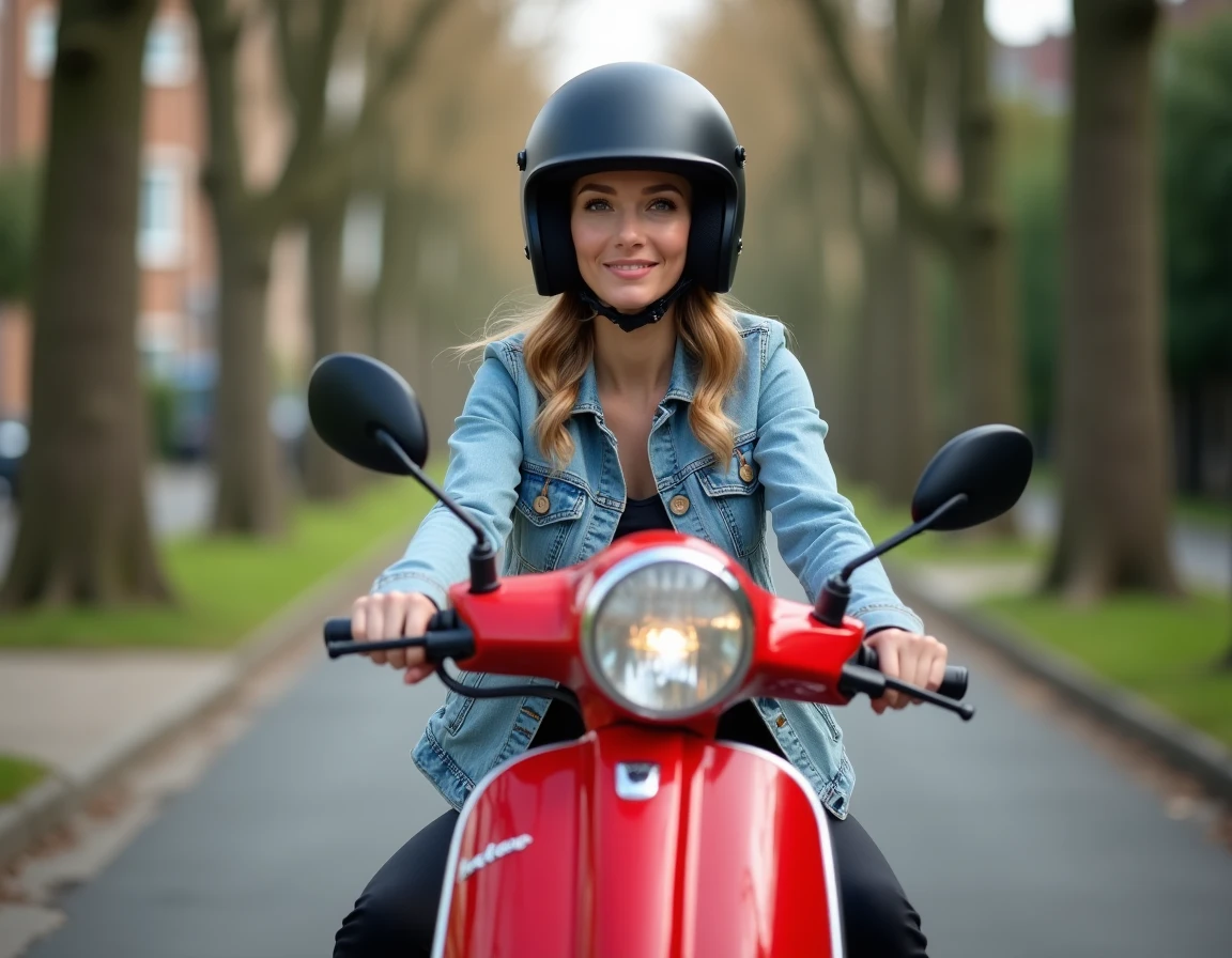 Femme assise sur un scooter 125cc rouge dans une rue résidentielle illustrant l'utilisation quotidienne et l'autonomie du deux-roues