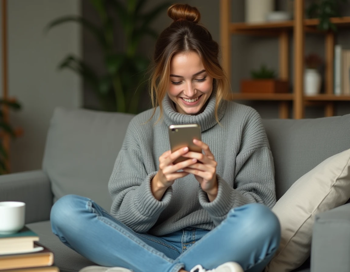 Jeune femme seule sur son canapé consultant son téléphone avec un sourire ambigu sur sa vie sentimentale