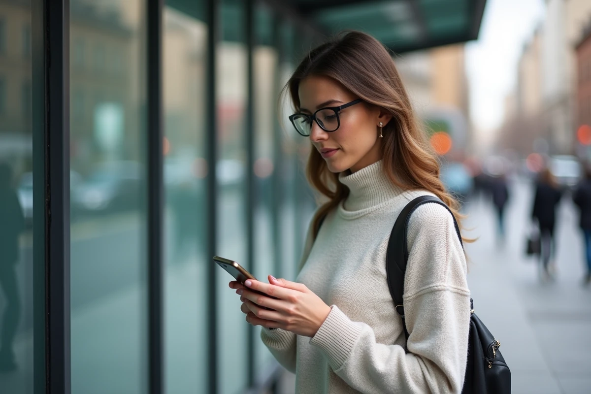 Femme utilisant son smartphone à un arrêt de bus