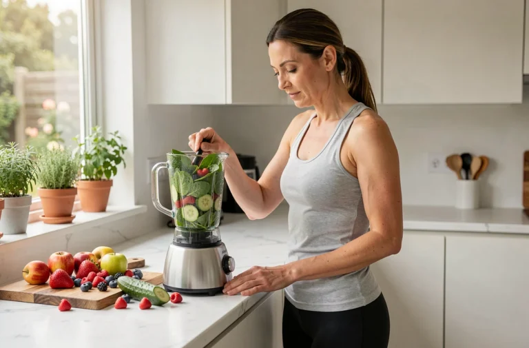 Femme préparant un smoothie aux légumes frais dans une cuisine moderne pour prendre soin de sa santé au quotidien