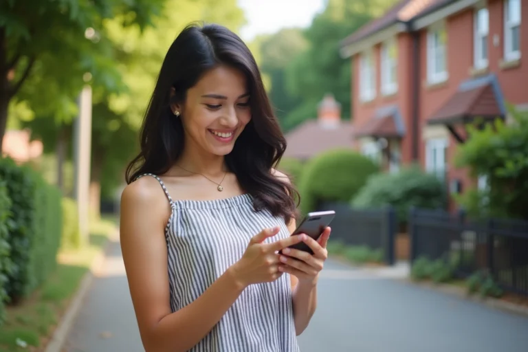 Femme souriante utilisant une application locale sur son téléphone