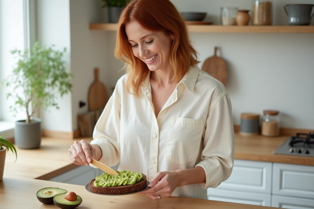 Femme préparant une tartine de pain nordique à l'avocat dans une cuisine scandinave lumineuse