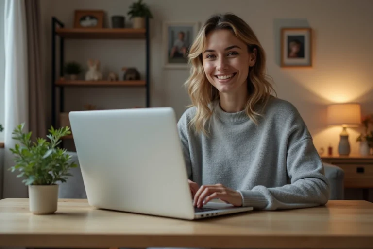 Femme assise à son bureau à la maison en train de taper sur son ordinateur