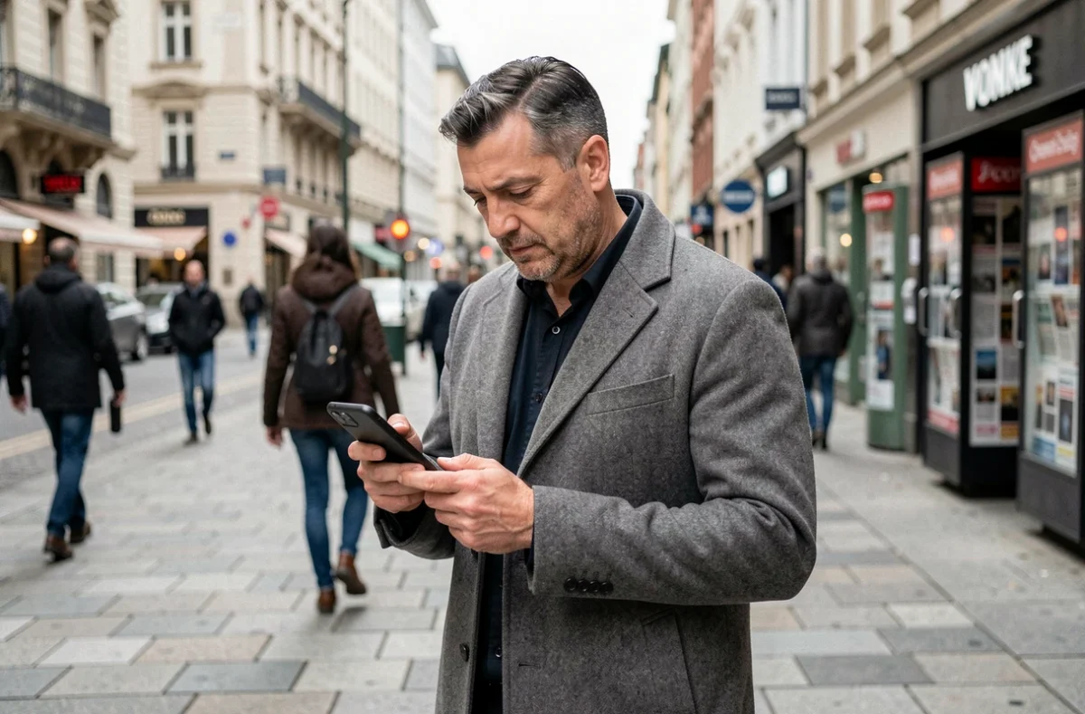 Homme consultant les actualités sur son smartphone dans une rue animée de la ville