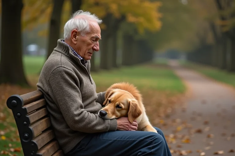 Homme âgé avec chien golden retriever dans un parc d'automne