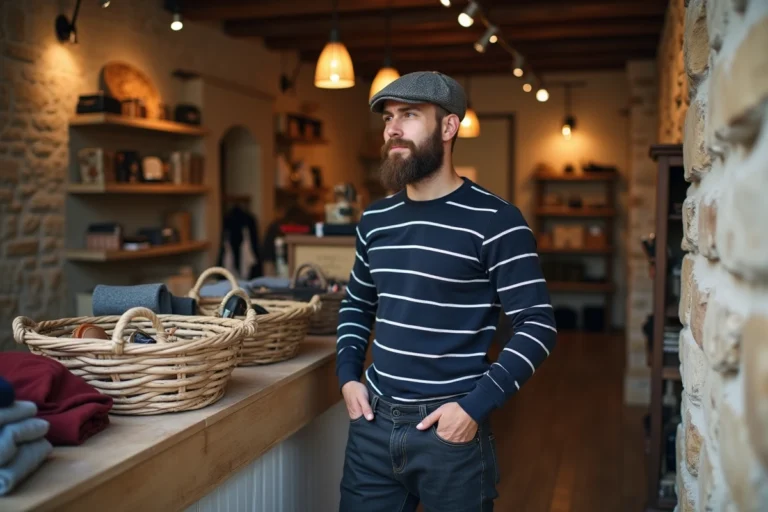 Homme avec chemise bretonne dans boutique chaleureuse