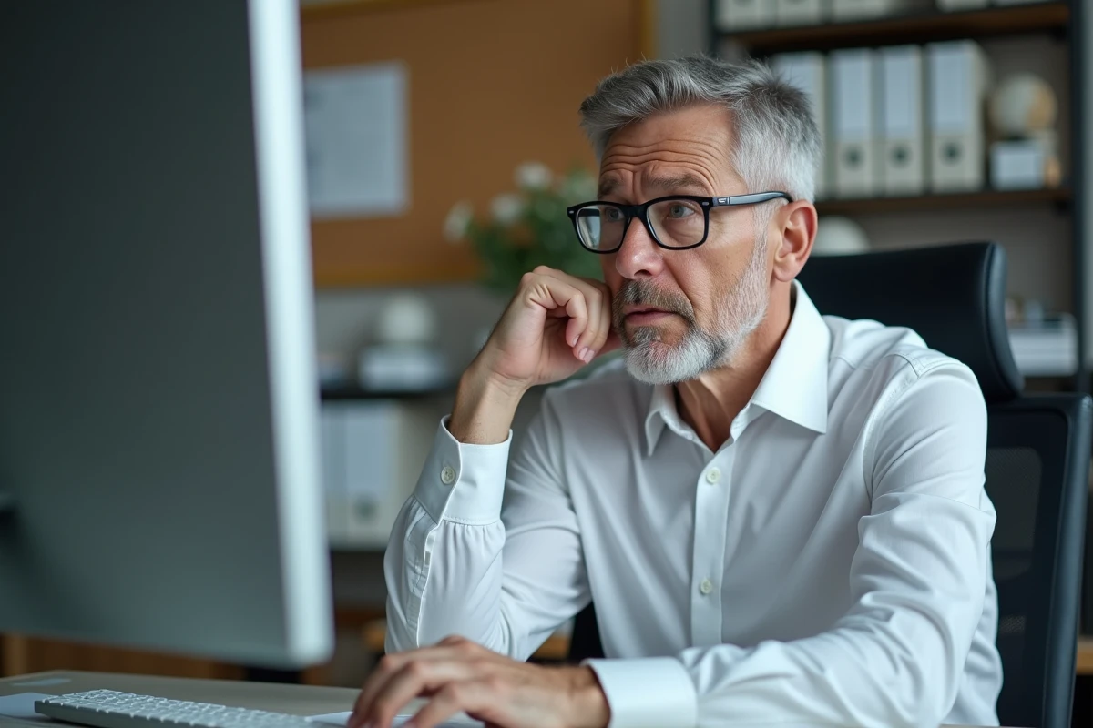 Homme d age moyen regardant son écran au bureau