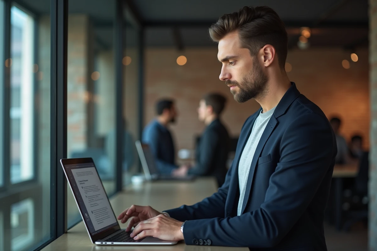 Homme professionnel consultant un modèle de CV numérique dans un espace de coworking moderne
