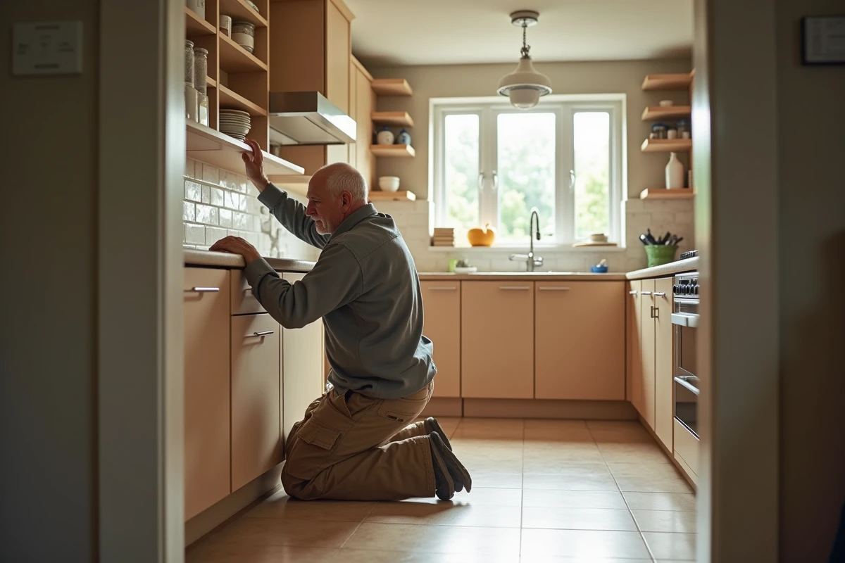 Homme installant des étagères dans la cuisine lumineuse