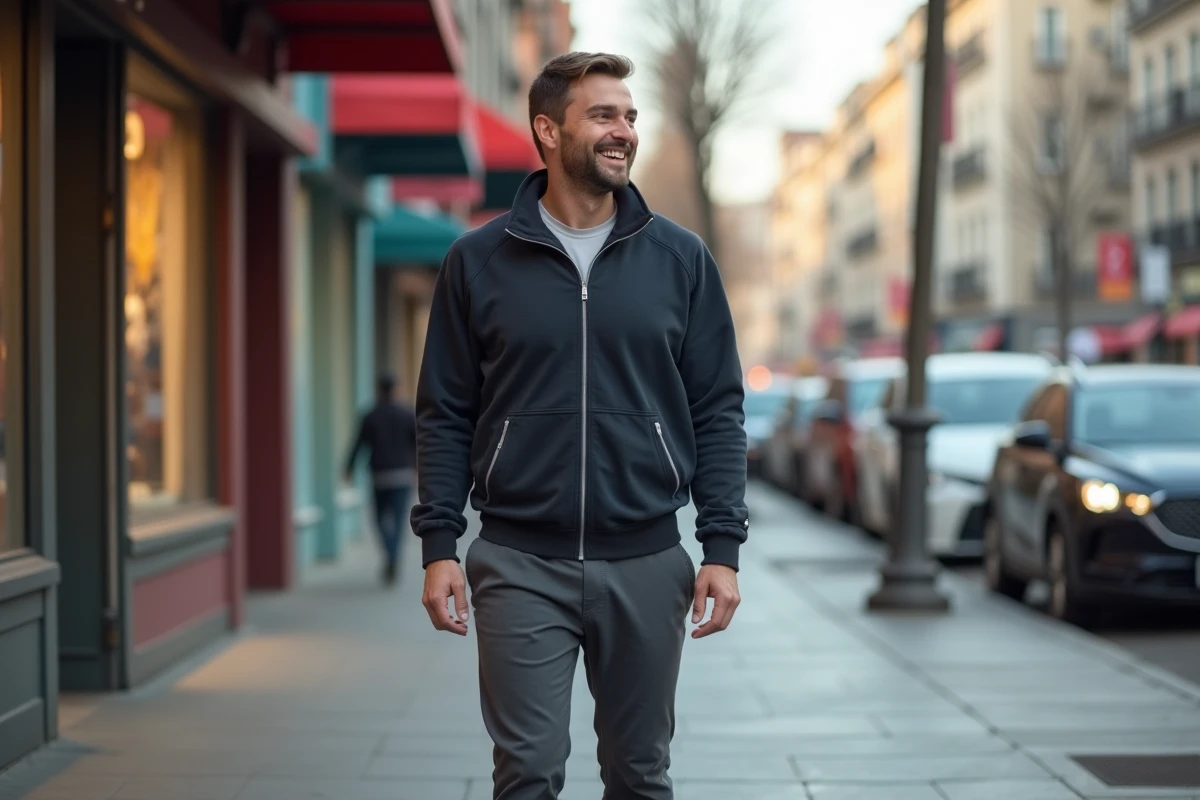 Homme souriant en promenade urbaine en tenue sportive