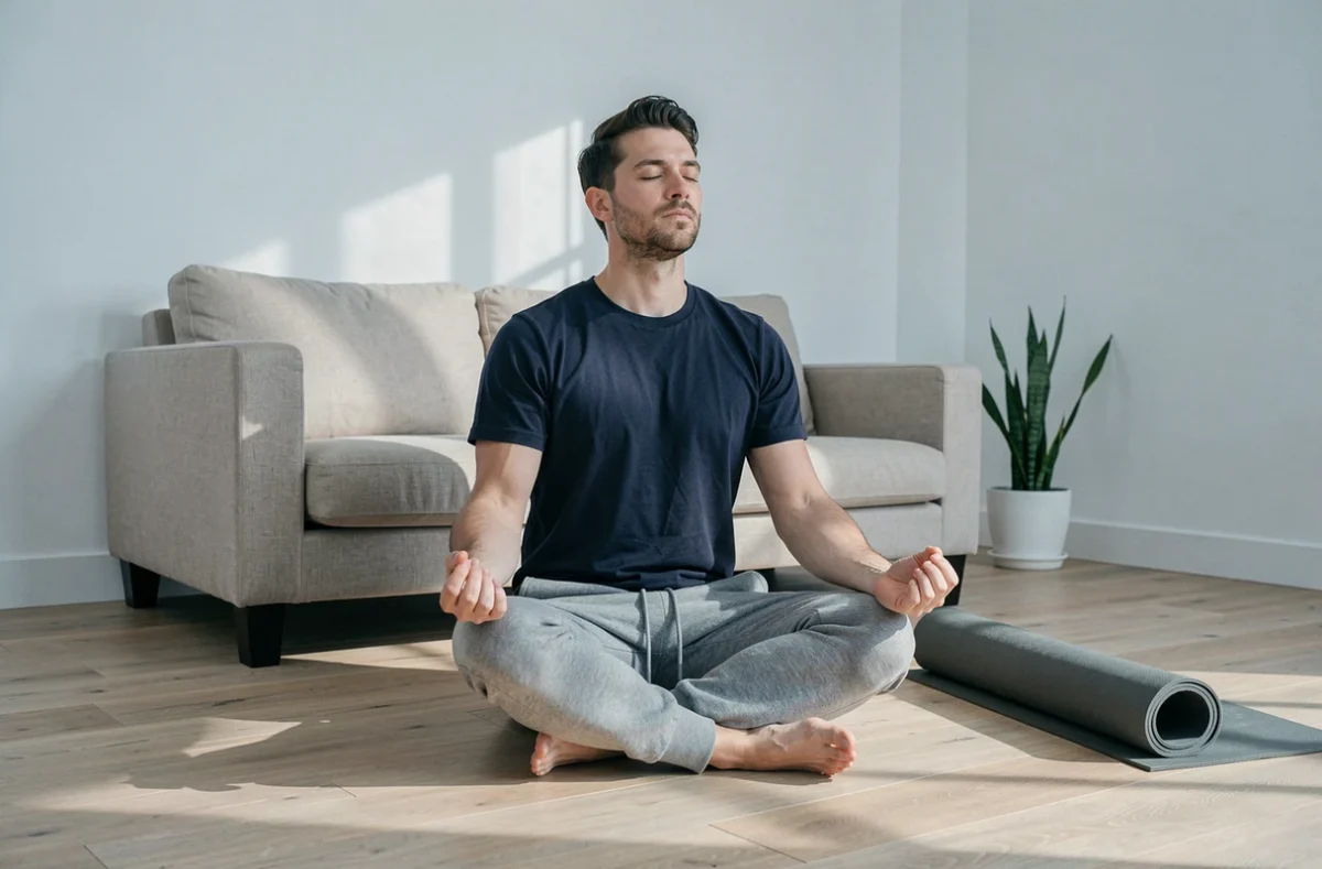 Homme pratiquant la méditation chez lui pour améliorer son bien-être mental et sa santé au quotidien