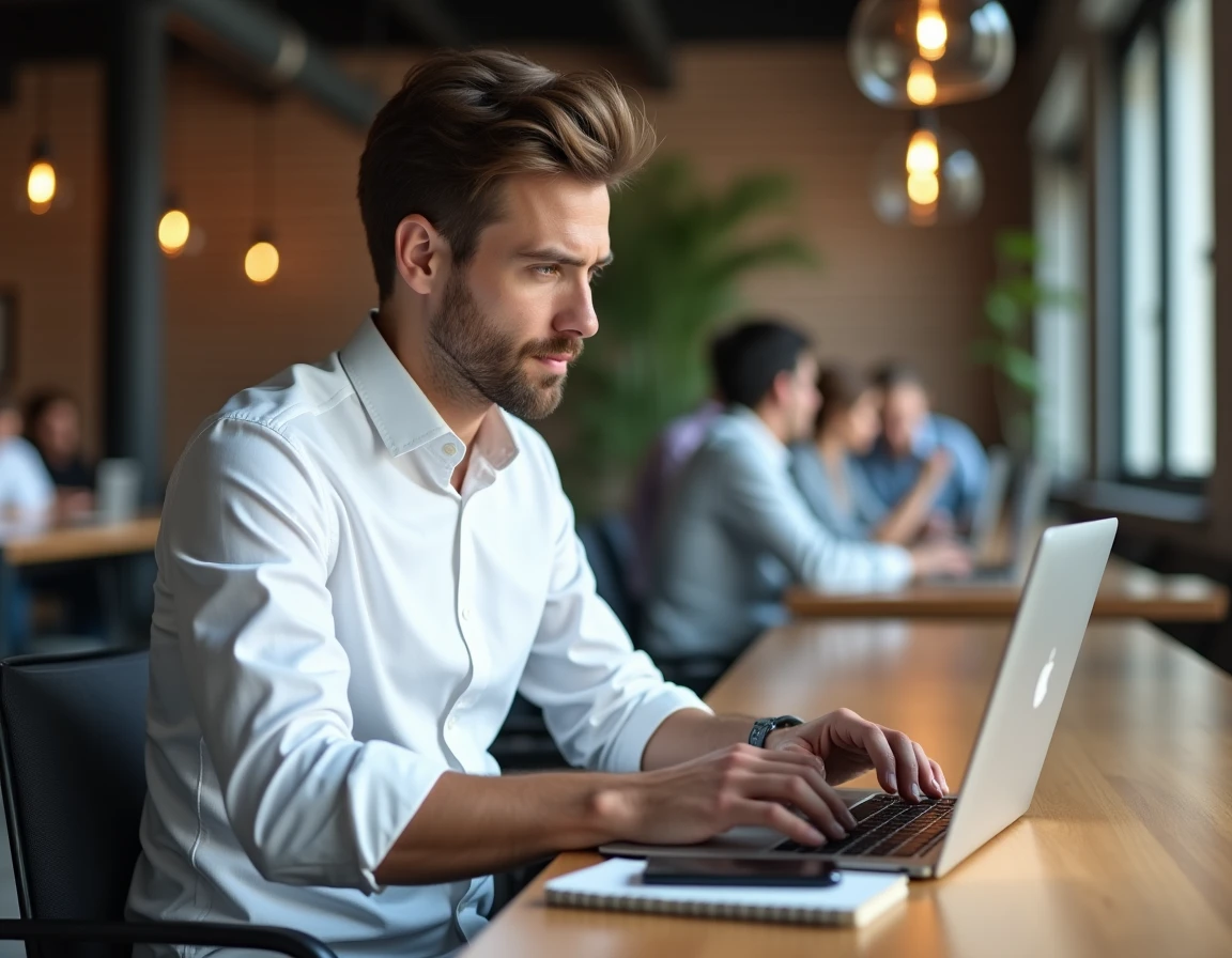 Jeune homme professionnel utilisant un ordinateur portable dans un espace de coworking moderne pour sa recherche d'emploi