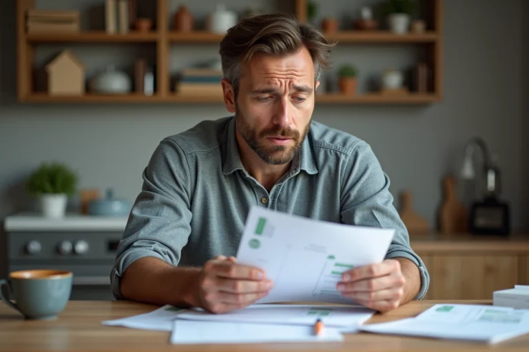 Homme inquiet avec documents de renovation maison