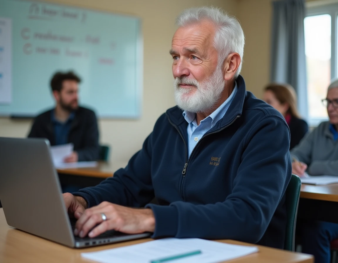Homme retraité participant à une formation numérique en salle de classe, apprentissage et épanouissement personnel à la retraite