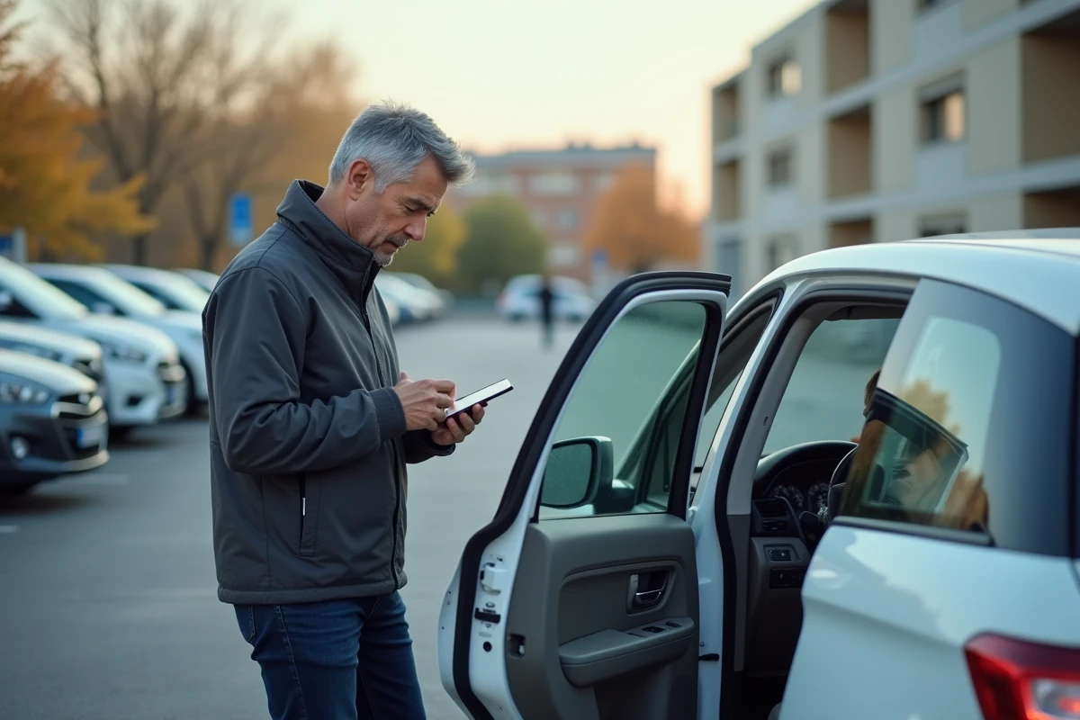 Homme inspectant une voiture de location dans un parking