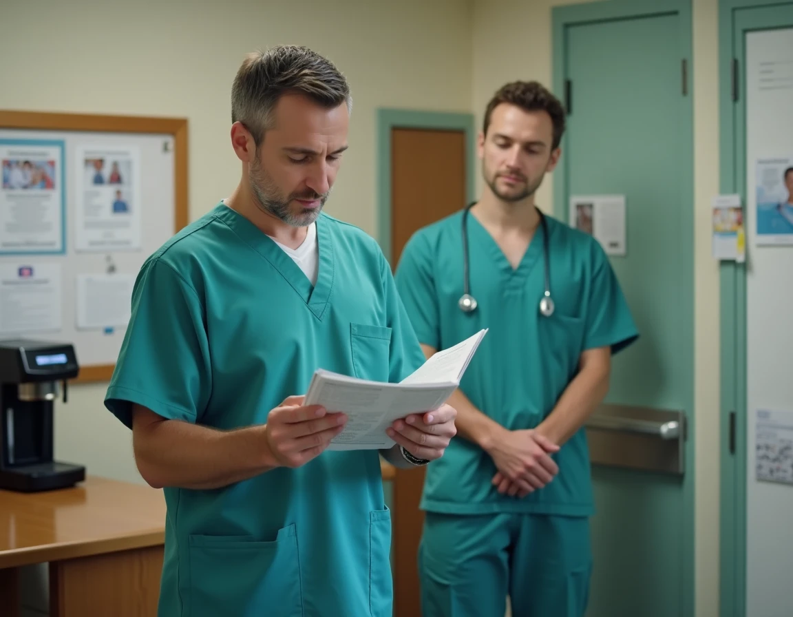 Infirmier lisant un guide de développement professionnel dans la salle de pause d'un hôpital