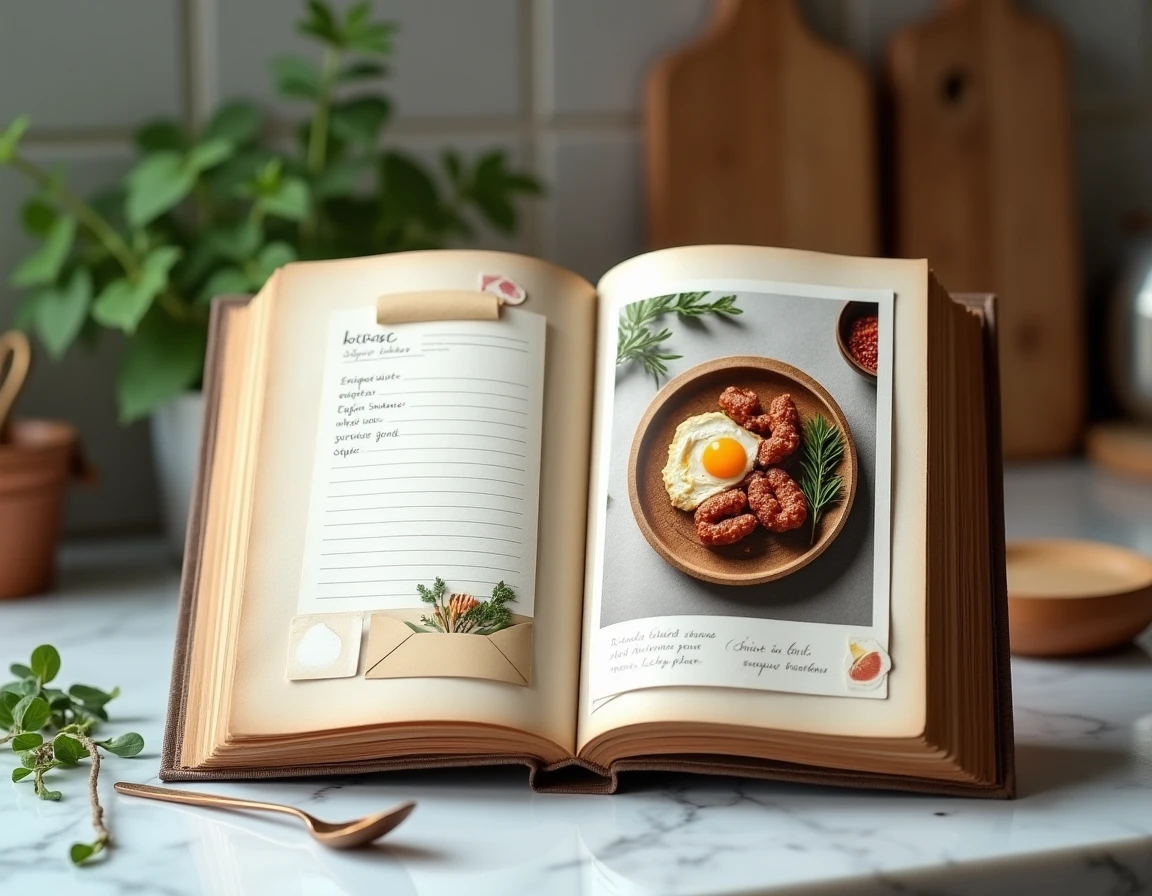 Une page de journal photo avec une recette manuscrite et une photo du repas du mois cuisinés en famille