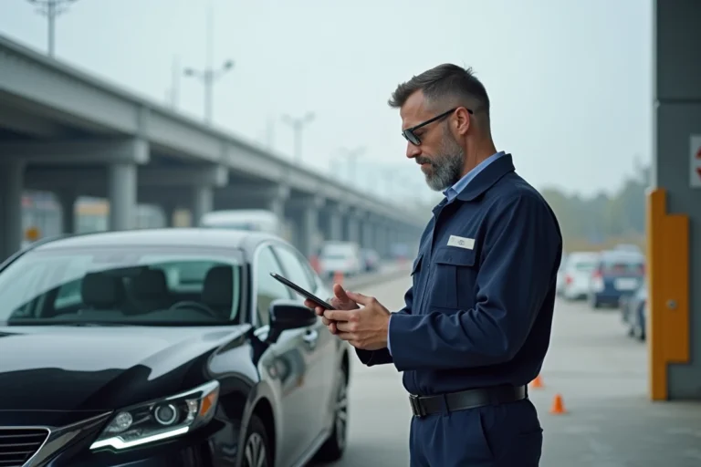 Inspecteur automobile vérifiant une plaque d'immatriculation