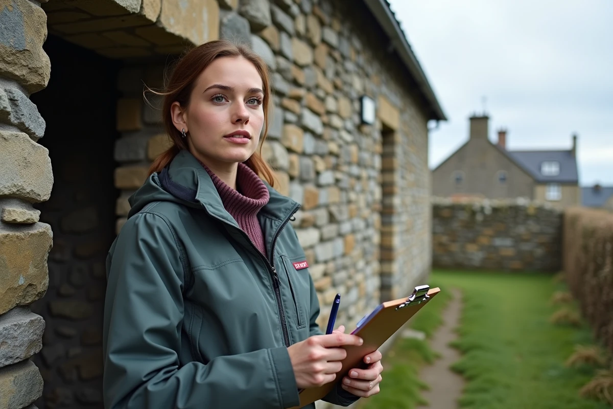 Jeune inspectrice vérifiant une maison en pierre en Bretagne