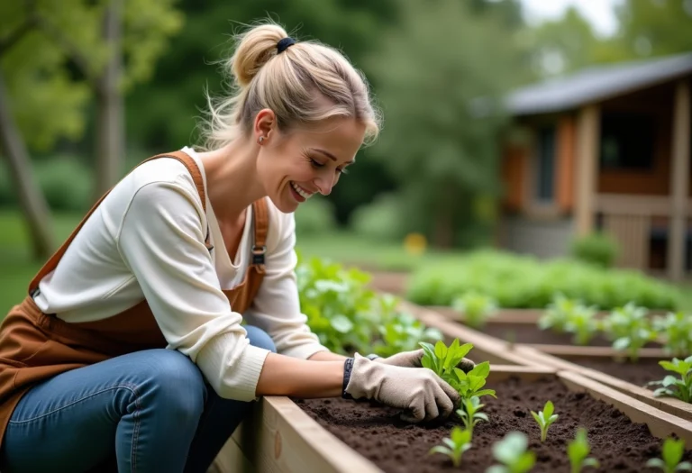 Femme en jardinage plantant des semis dans un jardin