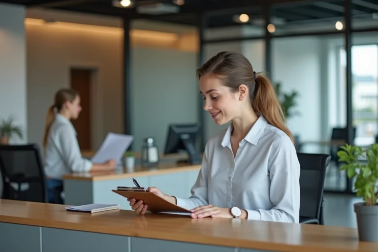 Jeune femme examinant des papiers dans un bureau moderne