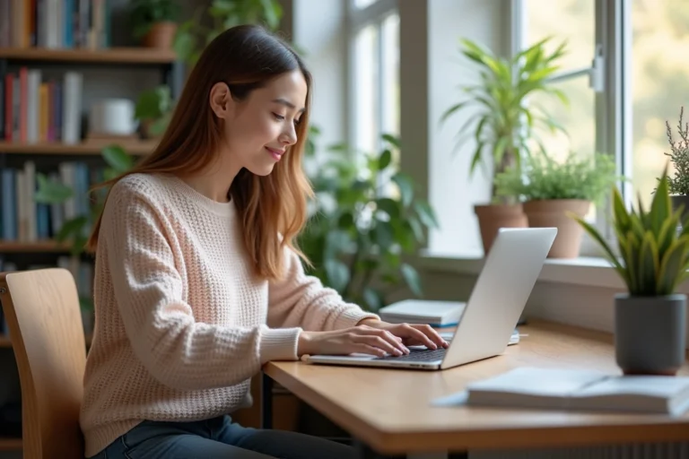 Jeune femme étudiant sur son ordinateur dans une chambre d'étudiant