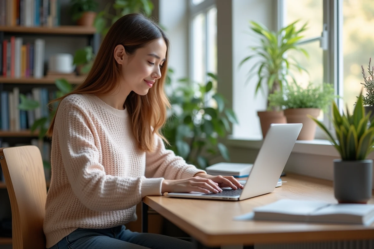 Jeune femme étudiant sur son ordinateur dans une chambre d'étudiant
