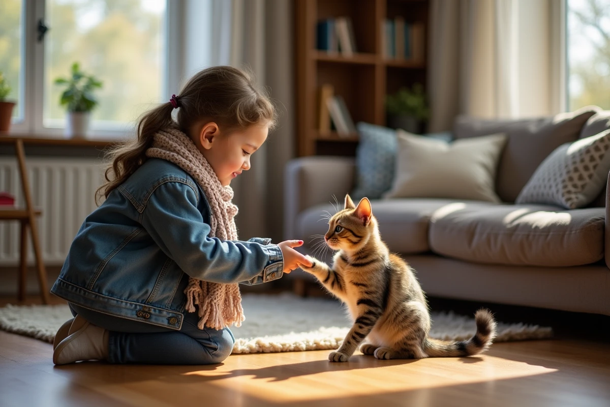 Jeune fille avec chat dans un salon chaleureux
