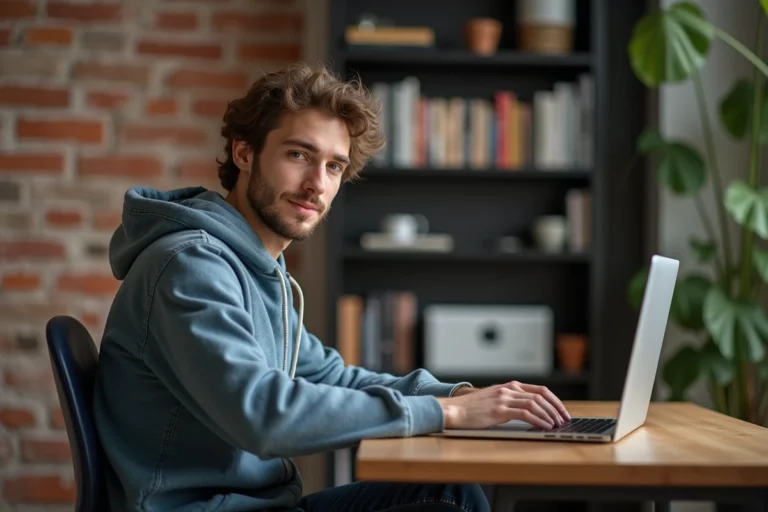 Jeune homme au bureau urbain avec ordinateur portable