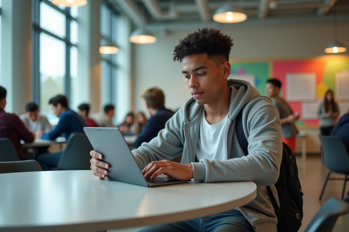 Jeune homme utilisant une tablette dans un espace commun universitaire