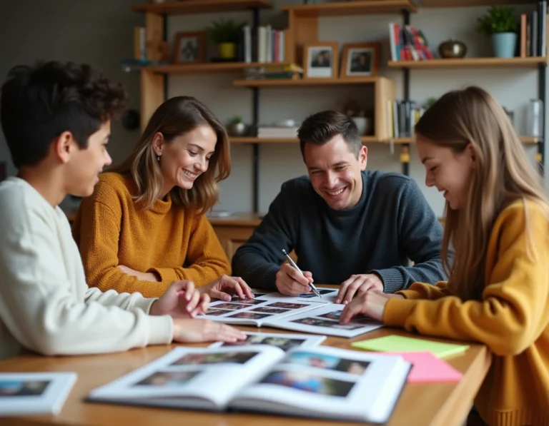 Une famille réunie autour d'une table couverte de photos imprimées et de carnets pour créer un journal photo mensuel