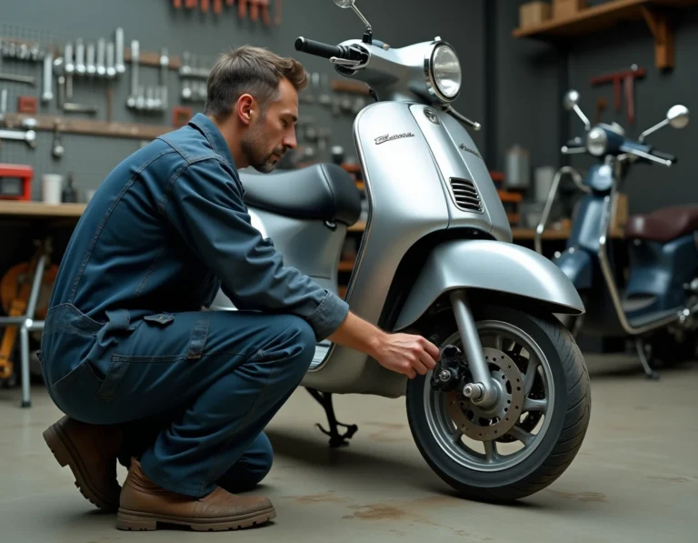 Mécanicien inspectant un scooter 125cc dans un atelier de réparation moto pour vérifier l'entretien et la durée de vie