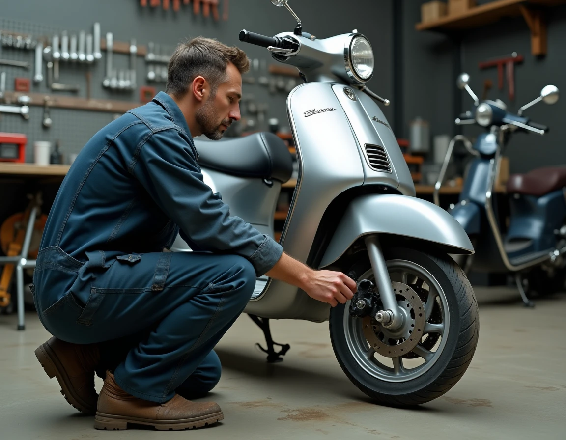 Mécanicien inspectant un scooter 125cc dans un atelier de réparation moto pour vérifier l'entretien et la durée de vie