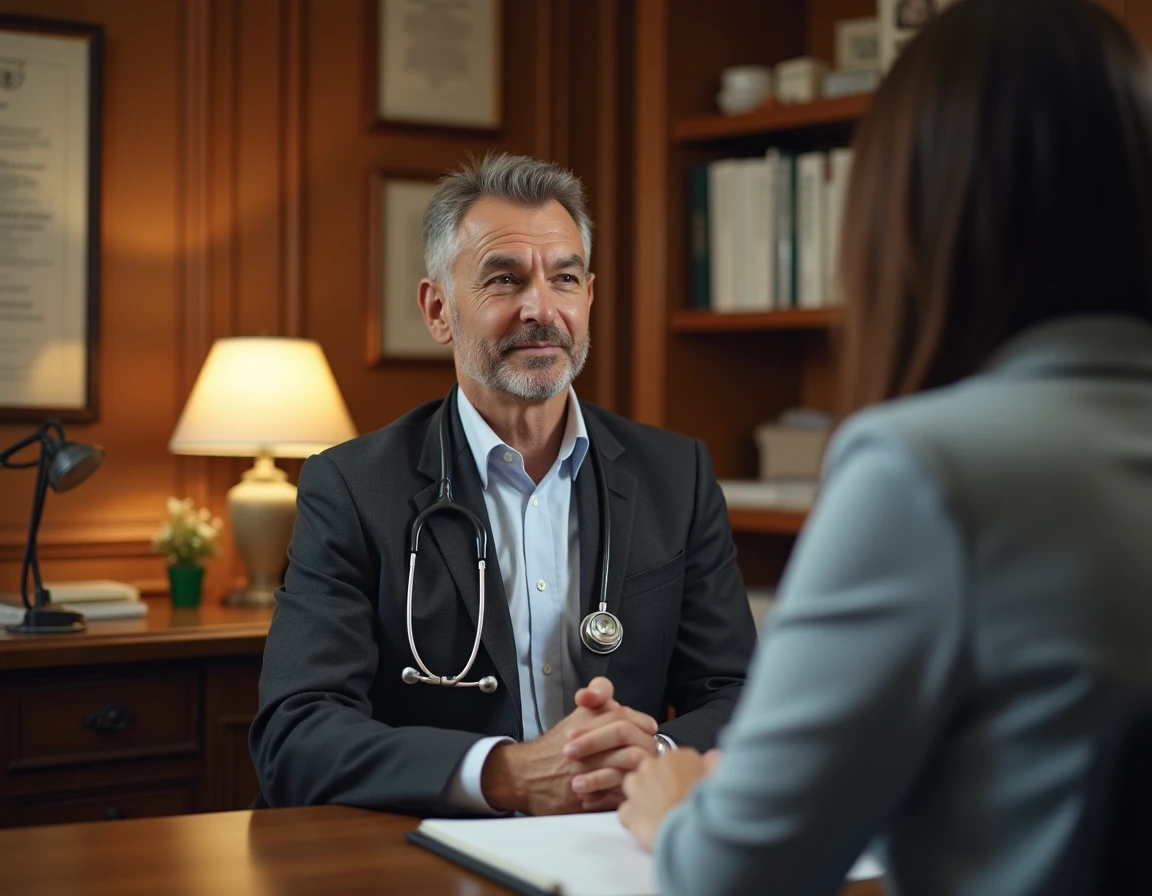 Médecin généraliste expérimenté en consultation dans un cabinet médical traditionnel français avec diplômes au mur