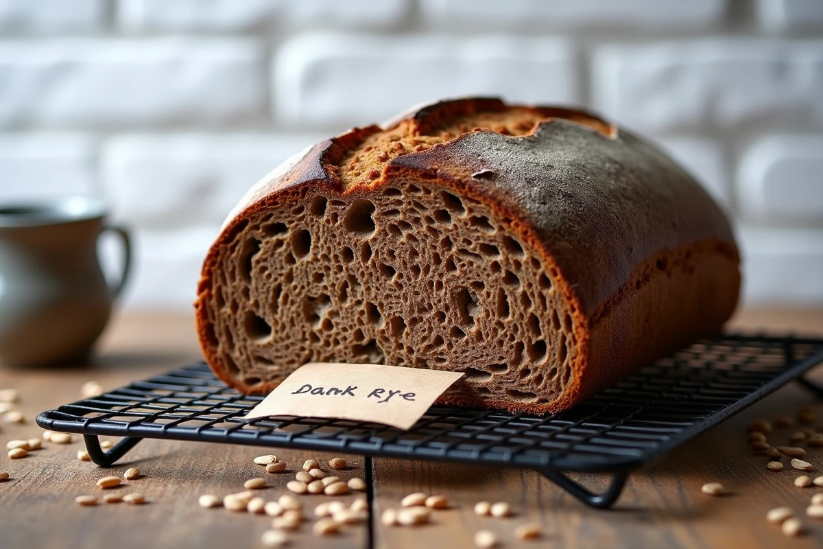 Miche entière de pain nordique au seigle dense posée sur une grille dans une boulangerie artisanale