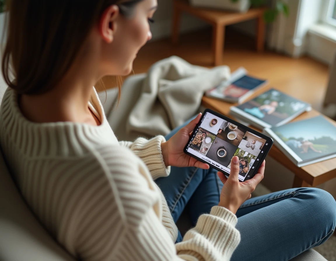 Une femme sélectionne des micro-moments du quotidien sur son smartphone pour les intégrer dans un journal photo familial