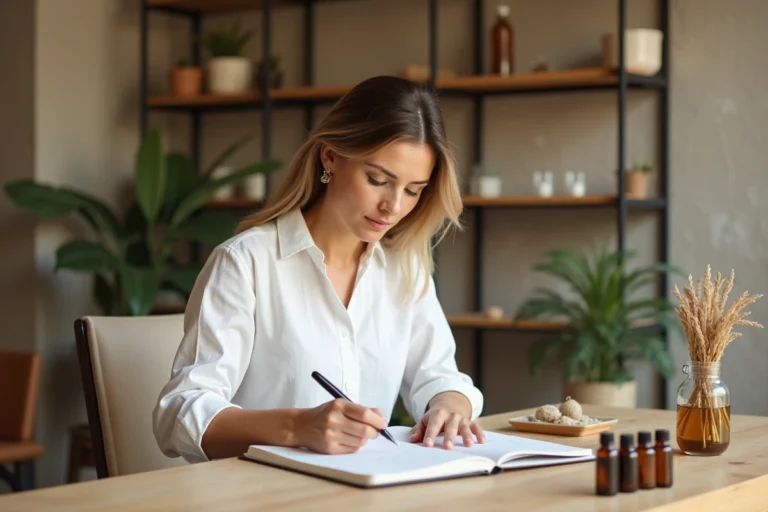 Naturopathe femme à son bureau consultant ses notes de rendez-vous dans un cabinet naturel et chaleureux