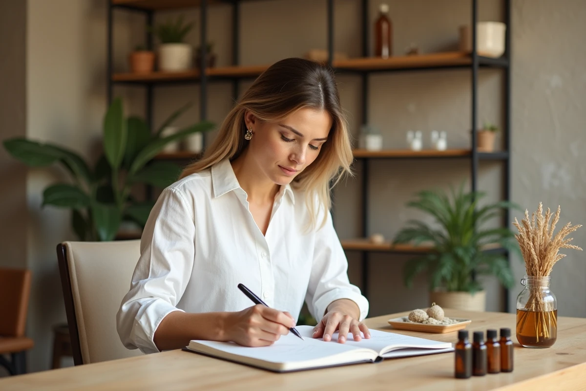 Naturopathe femme à son bureau consultant ses notes de rendez-vous dans un cabinet naturel et chaleureux