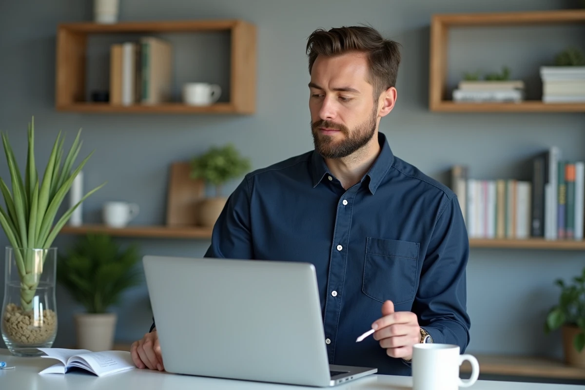 Naturopathe homme consultant un tableau financier sur ordinateur portable dans un bureau moderne à domicile