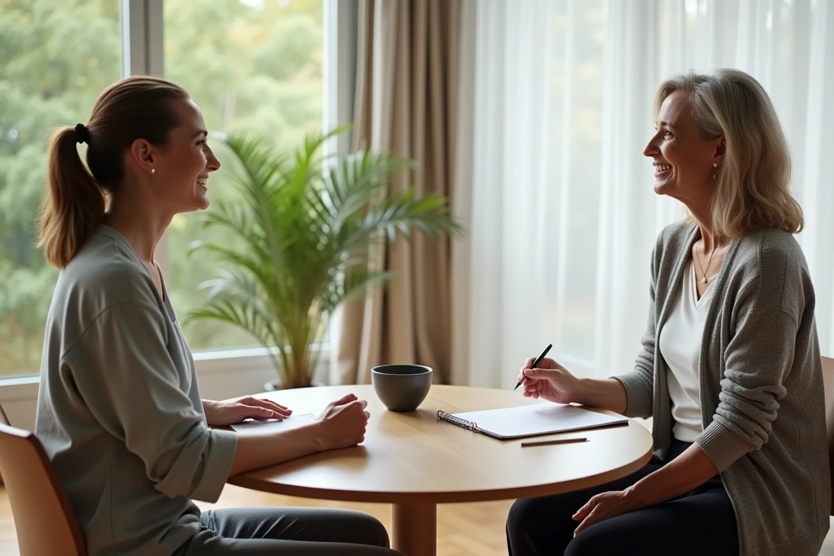 Séance de consultation naturopathie entre praticienne et cliente dans un cabinet lumineux avec vue sur la nature