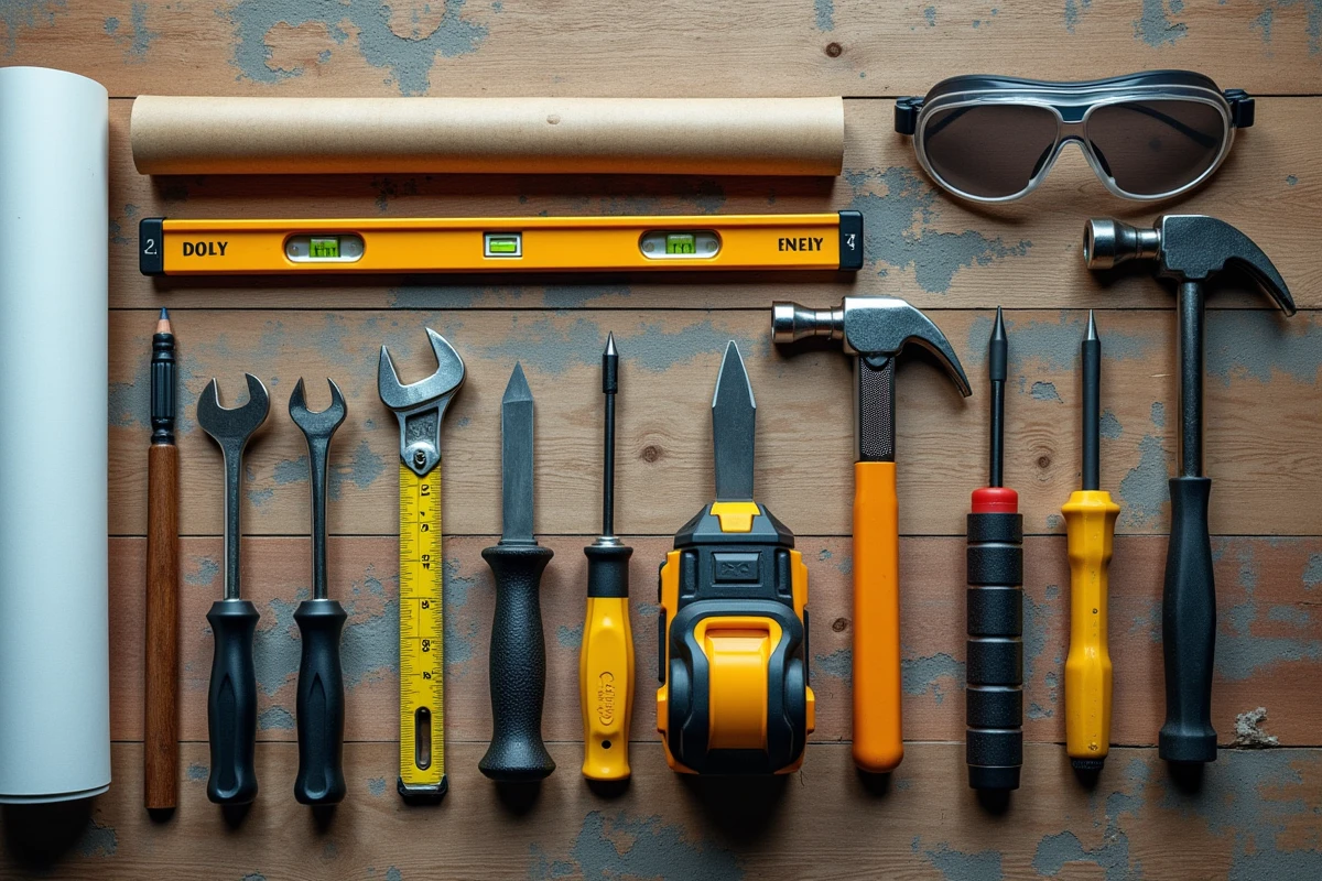 Vue de dessus d'un assortiment complet d'outils de bricolage essentiels disposés sur un établi en bois