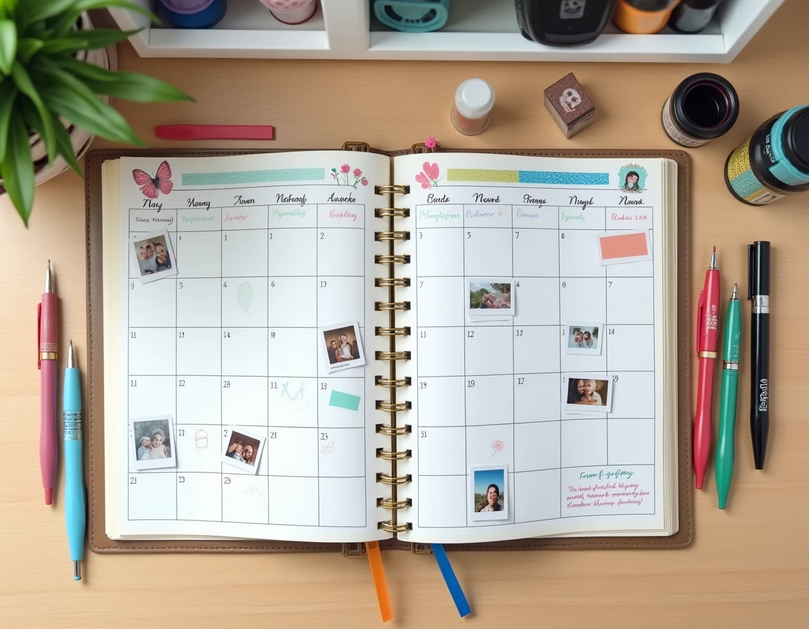 Une double page de journal photo présentant un calendrier mensuel illustré avec des dates familiales et des photos imprimées