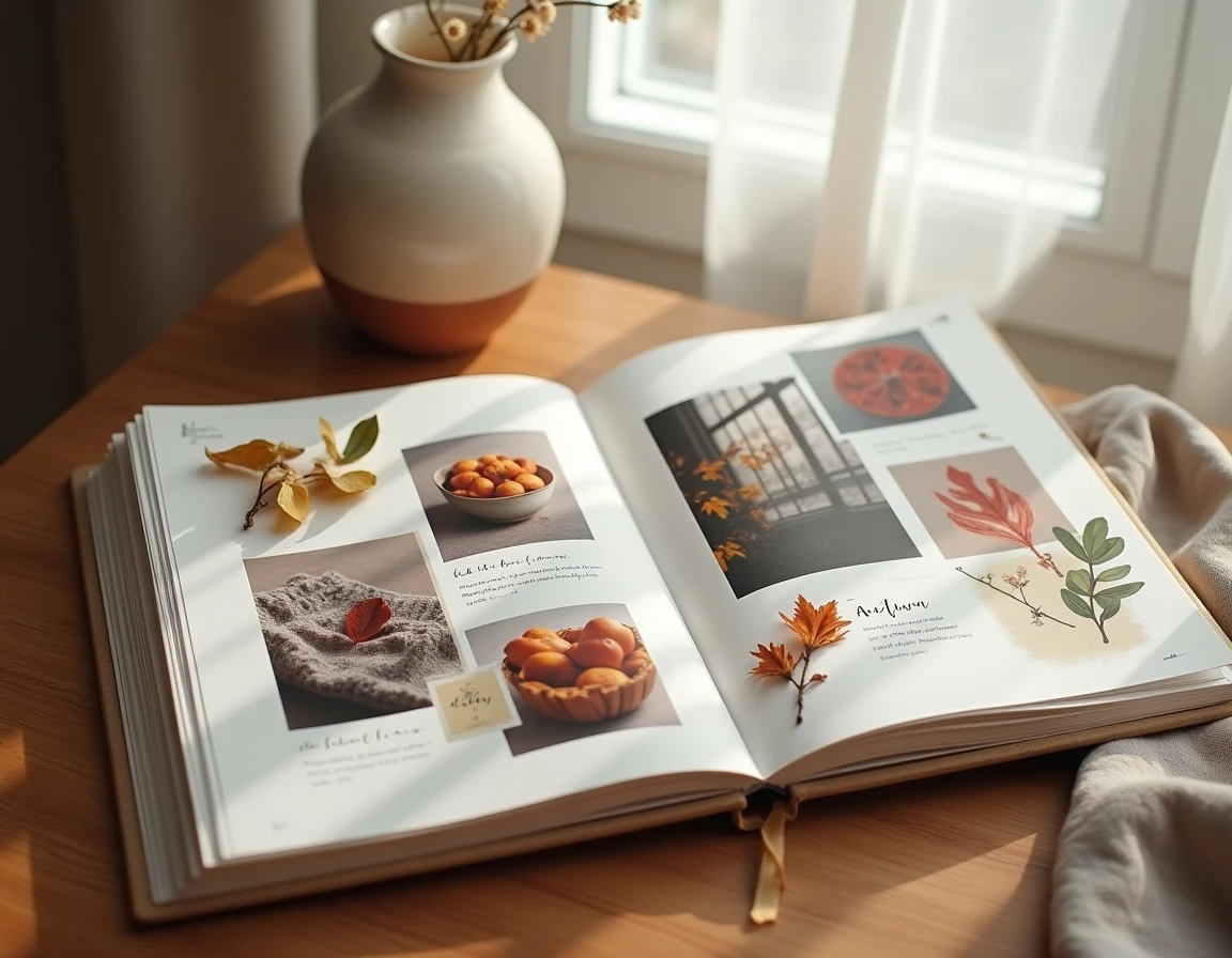 Une page saisonnière du journal photo sans personnes, composée de photos de nature, de feuilles séchées et d'illustrations botaniques