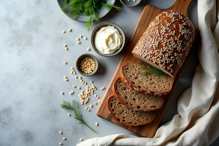 Tranches de pain nordique aux graines de seigle sur une planche en bois rustique avec fromage frais et aneth