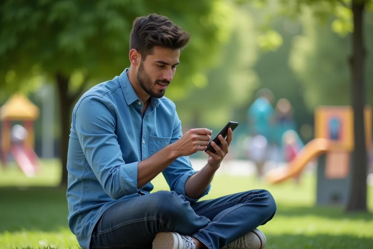Jeune père assis sur un banc dans un parc avec son smartphone