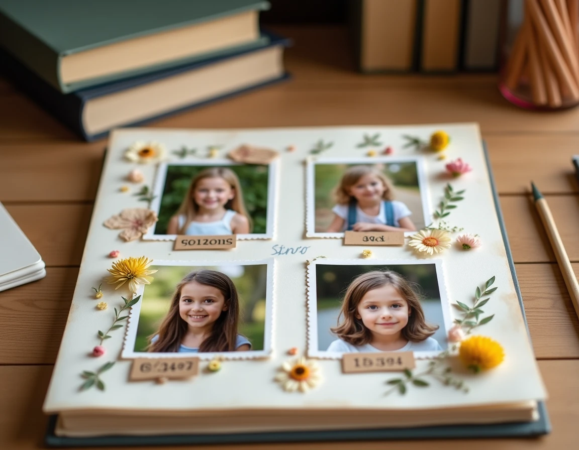 Une page de journal photo présentant les portraits mis à jour de chaque membre de la famille avec leurs noms manuscrits