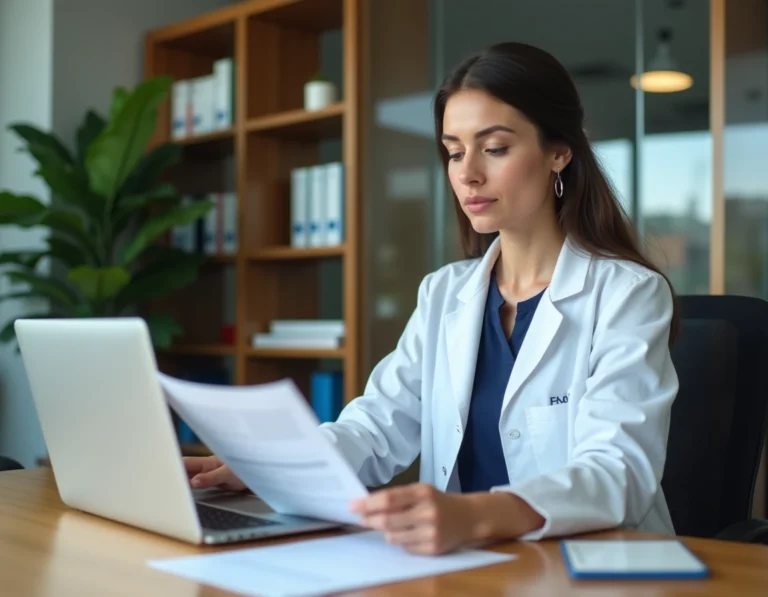 Professionnelle de santé consultant des ressources de développement de carrière sur son bureau dans un bureau hospitalier moderne