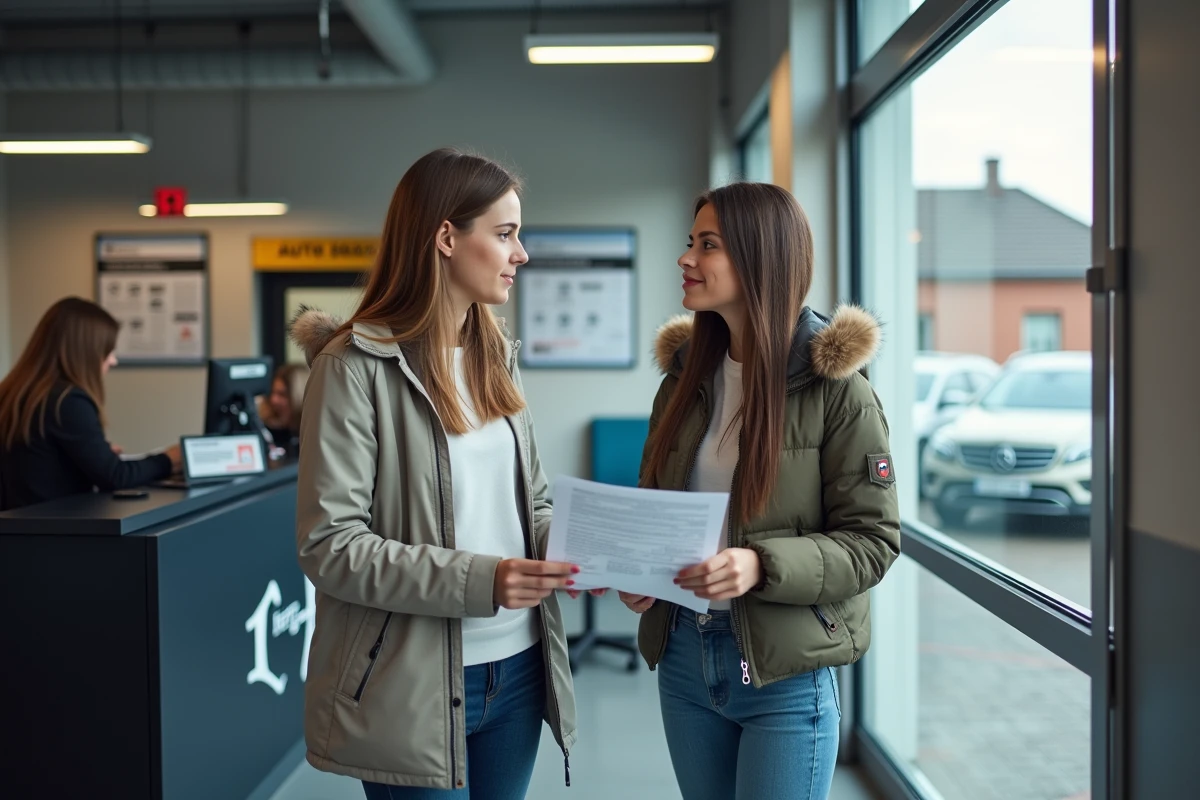 Femme discutant avec un agent à la réception automobile