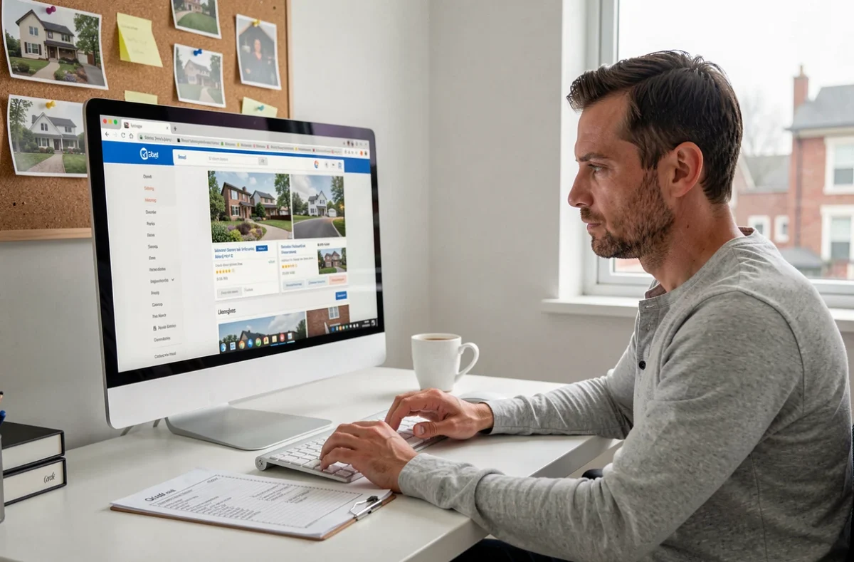Un homme recherche des biens immobiliers en ligne depuis son bureau à domicile, entouré de notes et d'une liste de critères pour son projet d'achat